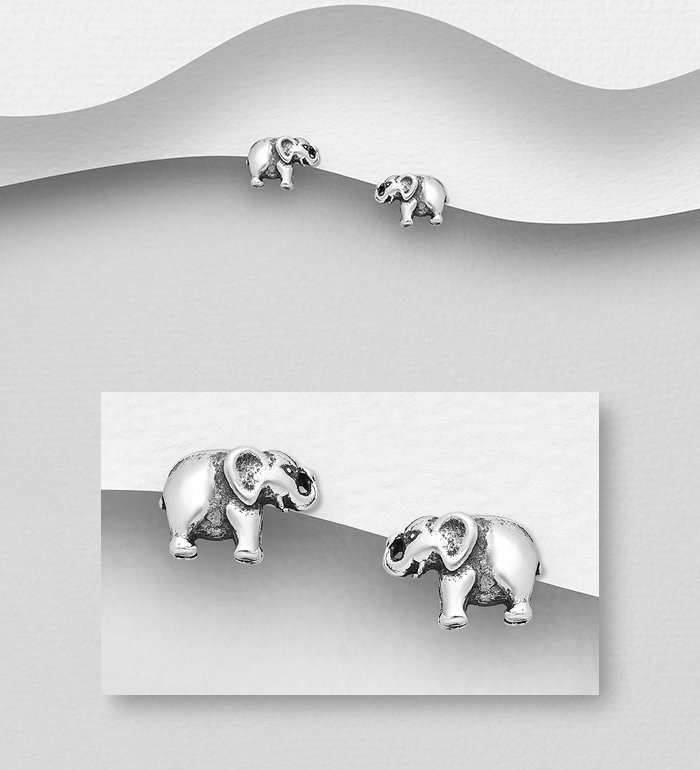 Wholesale 925 Sterling Silver Oxidized Elephant Push-Back Earrings - SKU #706-14387