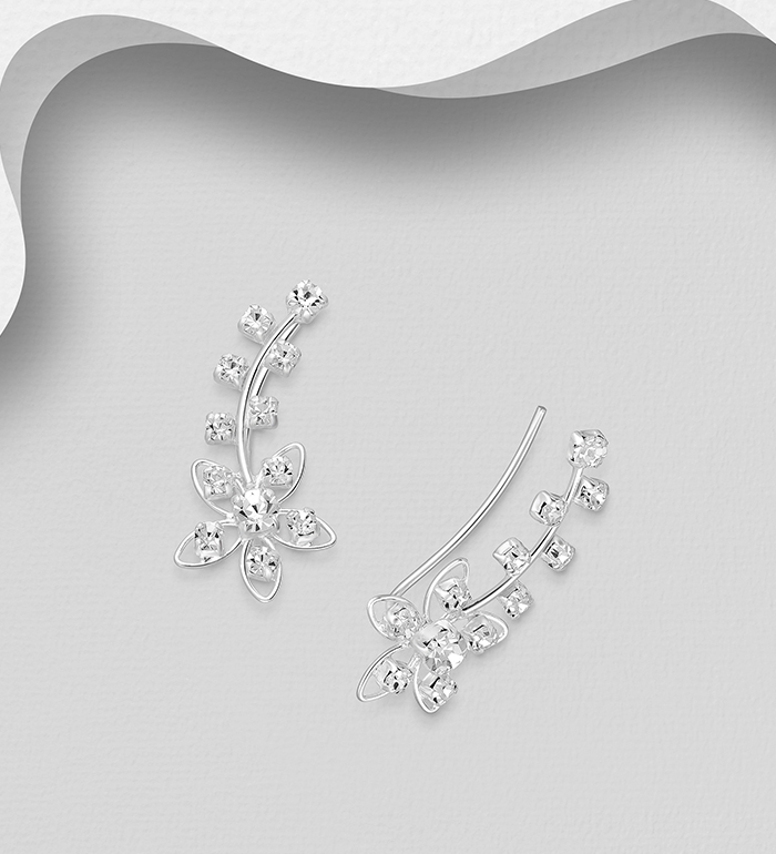 Wholesale 925 Sterling Silver Flower Ear Pins, Decorated with Various Colors of Crystal Glass - SKU #578-1696