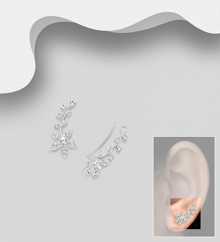 Wholesale 925 Sterling Silver Flower Ear Pins, Decorated with Various Colors of Crystal Glass - SKU #578-1696