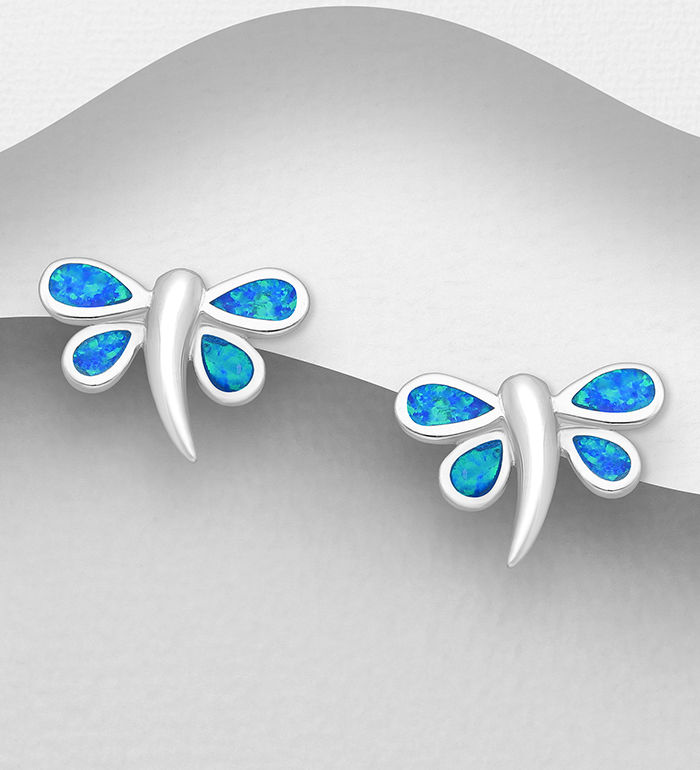 Wholesale 925 Sterling Silver Dragonfly Push-Back Earrings Decorated With Lab-Created Opal - SKU #1479-253