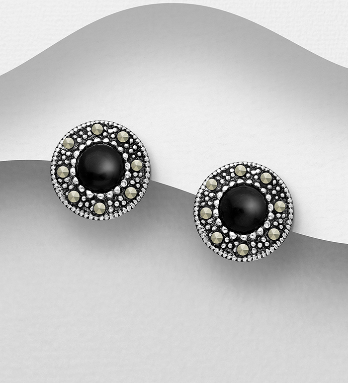 Wholesale 925 Sterling Silver Push-Back Earrings Decorated With Marcasite and Resin - SKU #565-4292