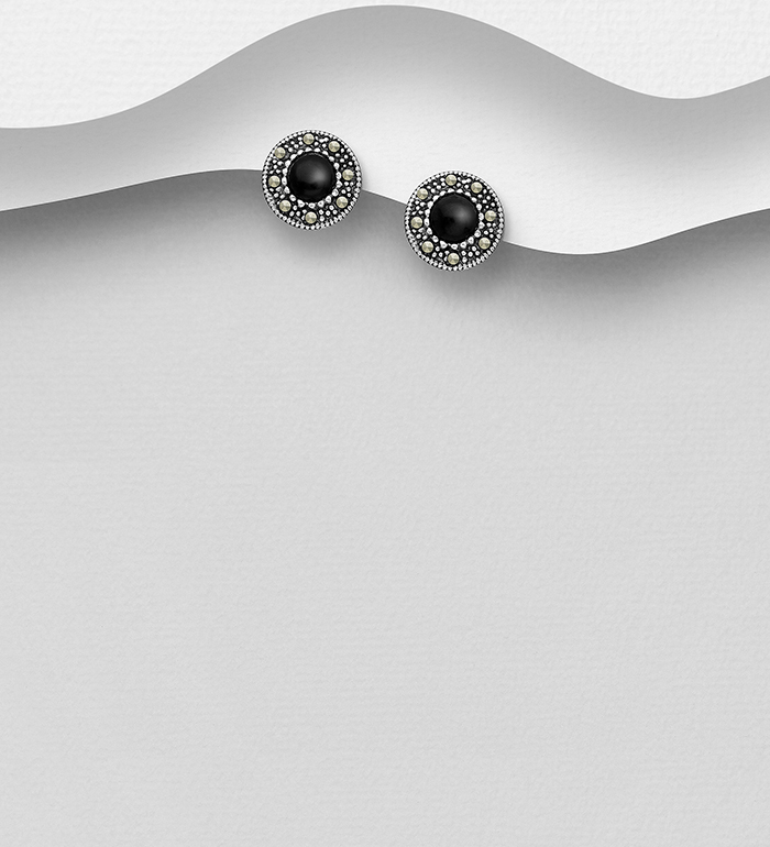 Wholesale 925 Sterling Silver Push-Back Earrings Decorated With Marcasite and Resin - SKU #565-4292