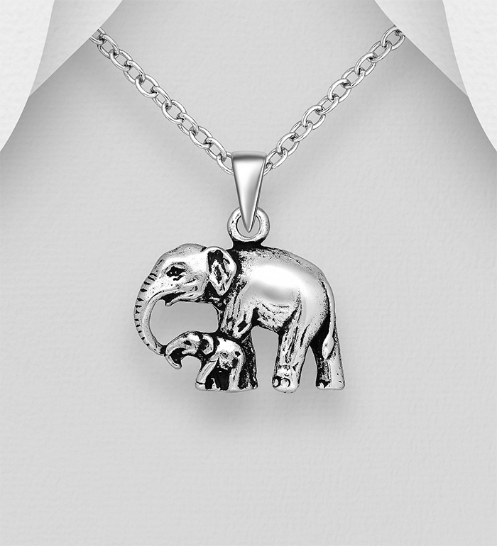 Wholesale 925 Sterling Silver Oxidized Mom and baby Elephant Pendant - SKU #706-16262