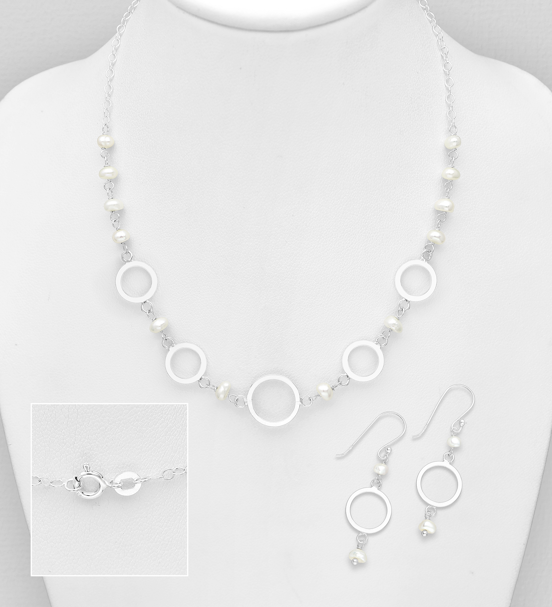 Wholesale 925 Sterling Silver Hook Earrings And Necklace Beaded With Fresh Water Pearls - SKU #382-2913