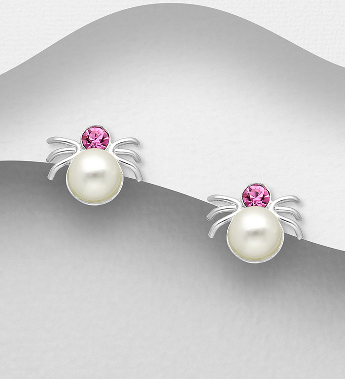 Wholesale 925 Sterling Silver Spider Push-Back Earrings Decorated With Crystal Glass & Simulated Pearl - SKU #1068-923