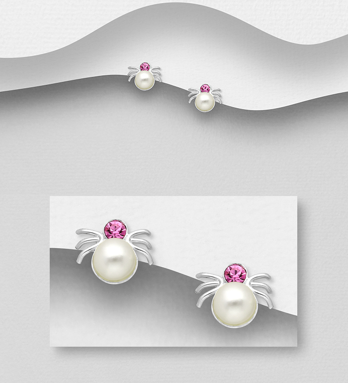 Wholesale 925 Sterling Silver Spider Push-Back Earrings Decorated With Crystal Glass & Simulated Pearl - SKU #1068-923