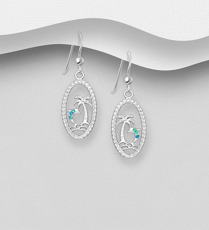 Wholesale 925 Sterling Silver Dolphin Hook Earrings Decorated With Lab-Created Opal - SKU #1479-405
