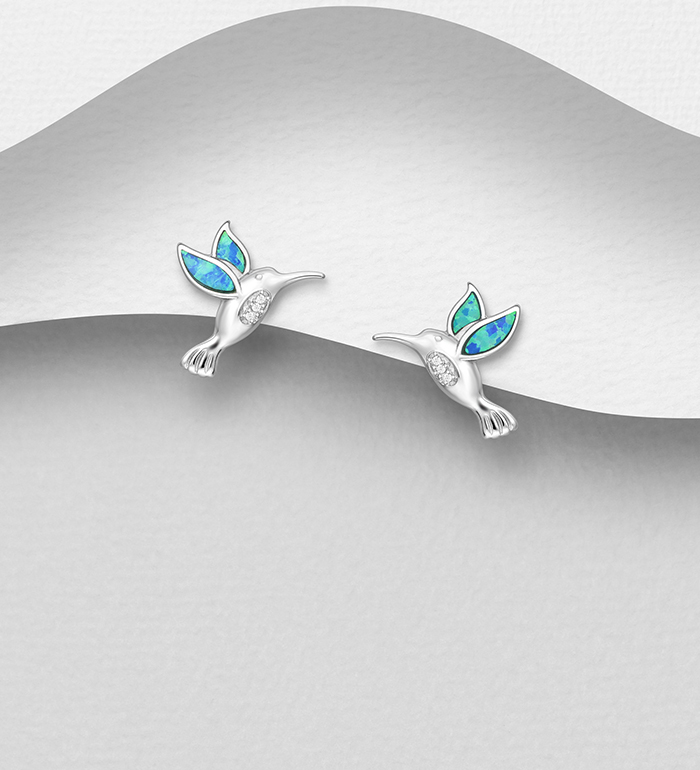 Wholesale 925 Sterling Silver Bird Push-Back Earrings Decorated With CZ & Lab-Created Opal - SKU #1479-407