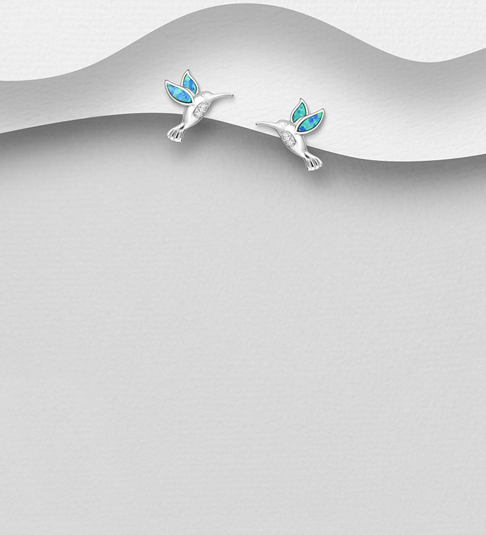 Wholesale 925 Sterling Silver Bird Push-Back Earrings Decorated With CZ & Lab-Created Opal - SKU #1479-407