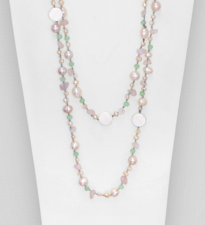 Wholesale Long Necklace Beaded With Mother of Pearls, Fresh Water Pearls And Crystal Glass - SKU #727-2757