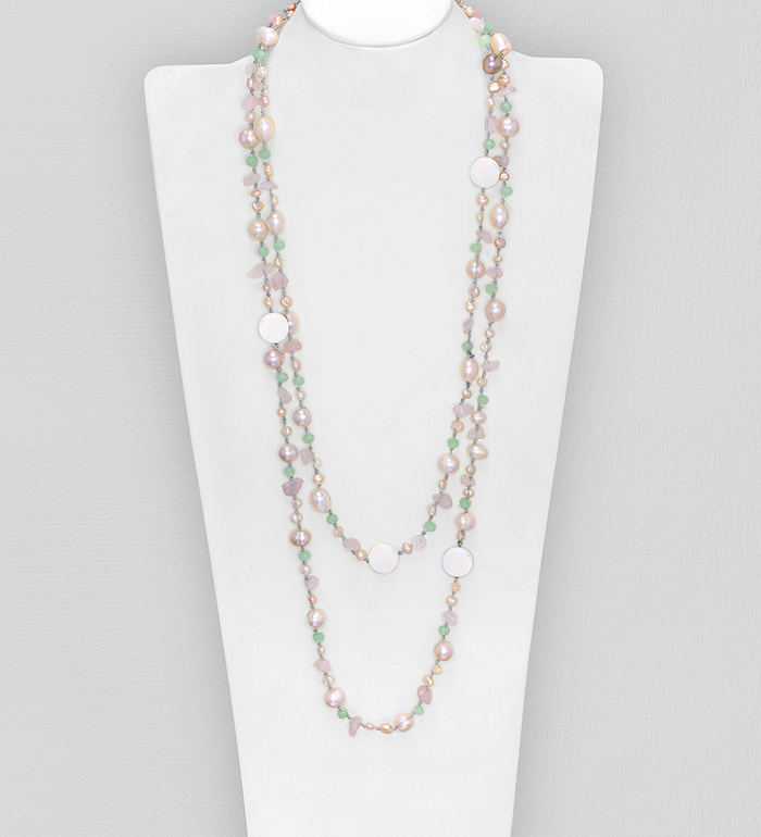 Wholesale Long Necklace Beaded With Mother of Pearls, Fresh Water Pearls And Crystal Glass - SKU #727-2757