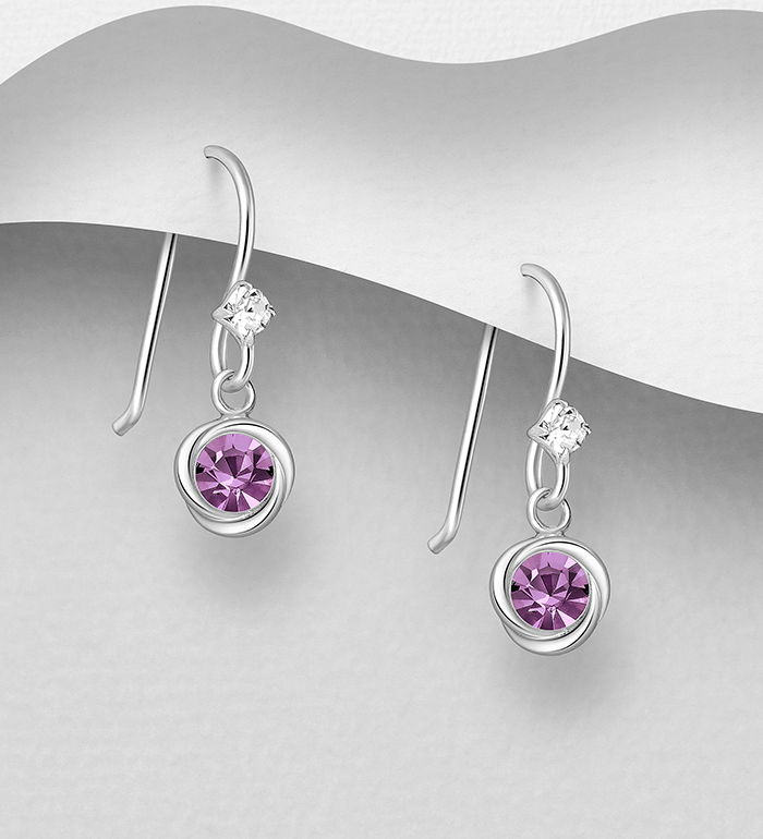 Wholesale 925 Sterling Silver Hook Earrings, Decorated with Various Colors of Crystal Glass - SKU #578-1955