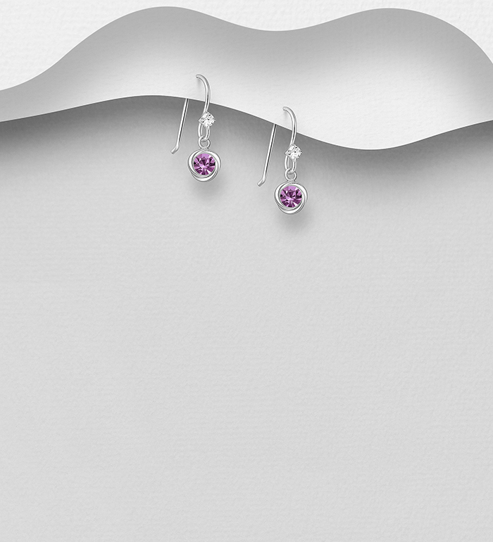 Wholesale 925 Sterling Silver Hook Earrings, Decorated with Various Colors of Crystal Glass - SKU #578-1955