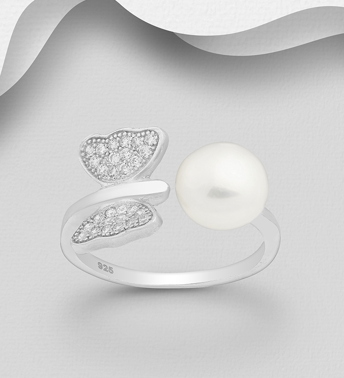 Wholesale 925 Sterling Silver Adjustable Butterfly Ring, Decorated with Freshwater Pearl and CZ Simulated Diamonds - SKU #382-3171