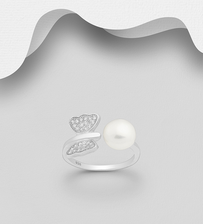 Wholesale 925 Sterling Silver Adjustable Butterfly Ring, Decorated with Freshwater Pearl and CZ Simulated Diamonds - SKU #382-3171