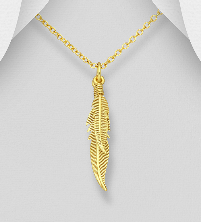 Wholesale 925 Sterling Silver Feather pendant, Plated with 1 Micron 14K or 18K Yellow Gold - SKU #1535-46