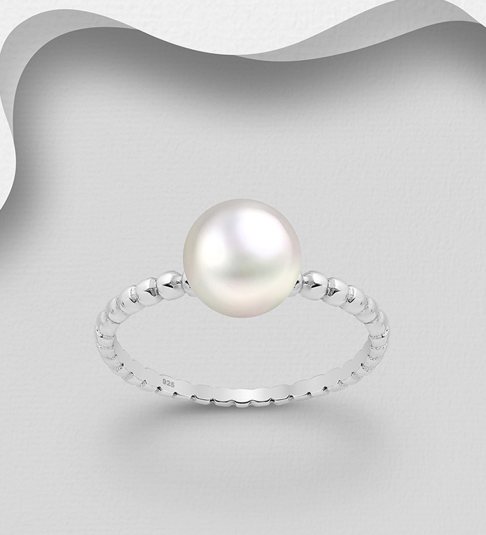 Wholesale 925 Sterling Silver Ball Band Solitaire Ring Decorated Freshwater Pearl - SKU #382-3255
