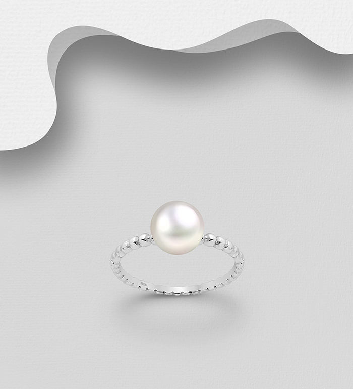 Wholesale 925 Sterling Silver Ball Band Solitaire Ring Decorated Freshwater Pearl - SKU #382-3255