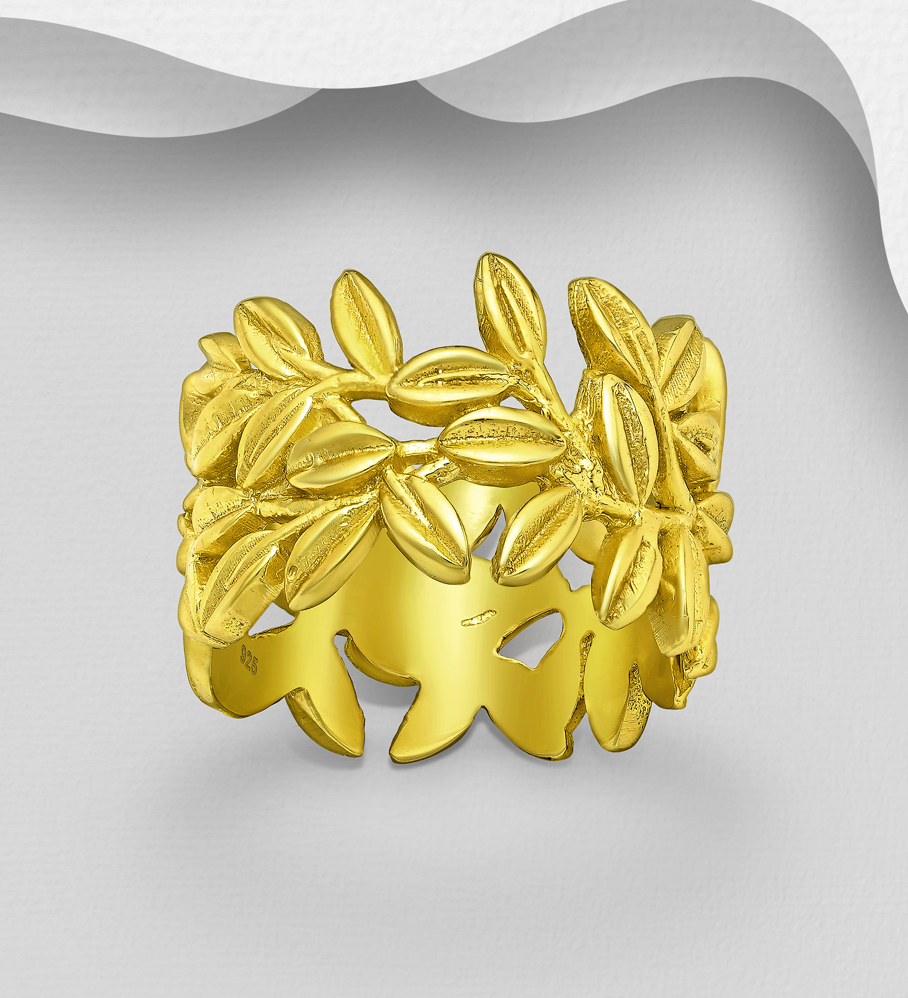 Wholesale 925 Sterling Silver Leaf Ring, Plated with 1 Micron 18k Yellow Gold - SKU #1535-298