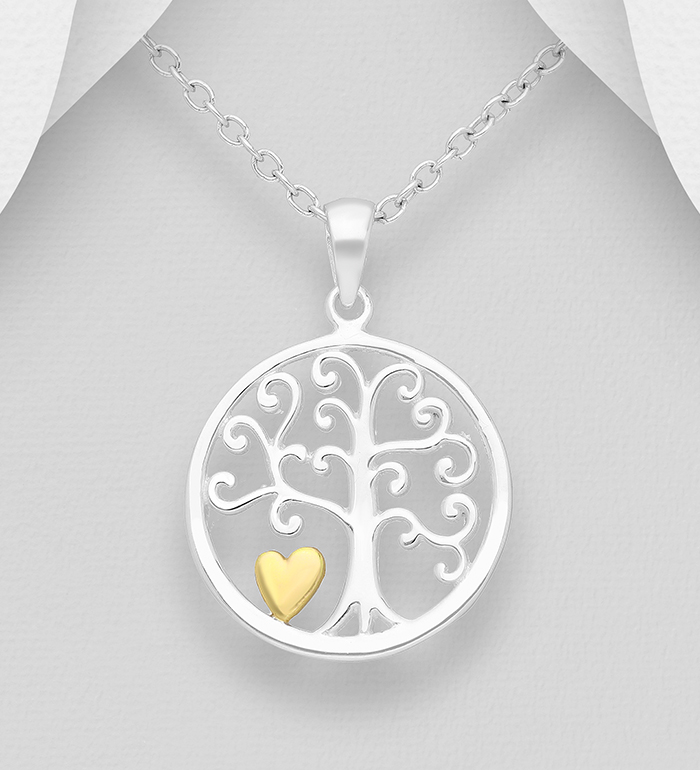 Wholesale 925 Sterling Silver Tree of Life Pendant, Heart Plated with 1 Micron 14K or 18K Yellow Gold - SKU #1535-308