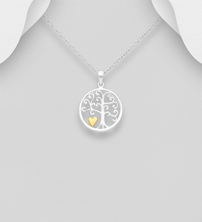 Wholesale 925 Sterling Silver Tree of Life Pendant, Heart Plated with 1 Micron 14K or 18K Yellow Gold - SKU #1535-308