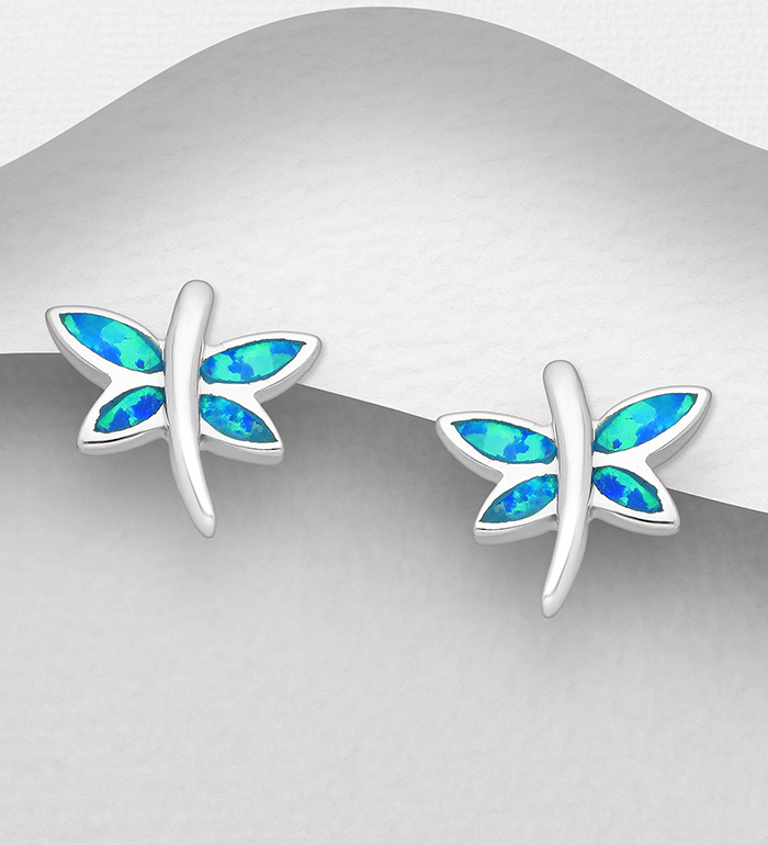 Wholesale 925 Sterling Silver Dragonfly Push-Back Earrings Decorated With Lab-Created Opal - SKU #1479-549