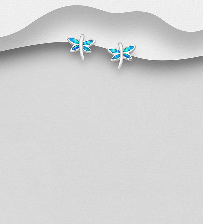 Wholesale 925 Sterling Silver Dragonfly Push-Back Earrings Decorated With Lab-Created Opal - SKU #1479-549