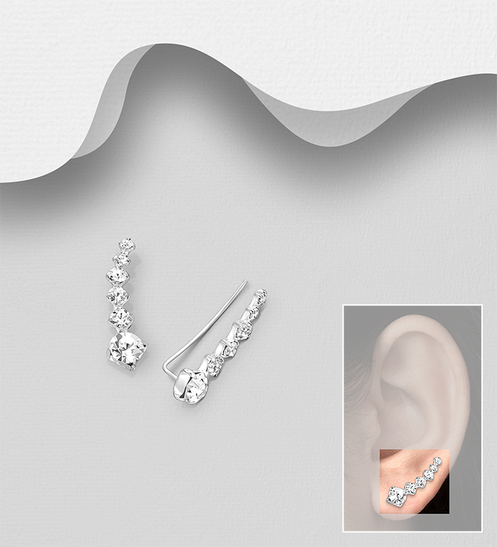 Wholesale 925 Sterling Silver Ear Pins, Decorated with Crystal Glass - SKU #578-2082