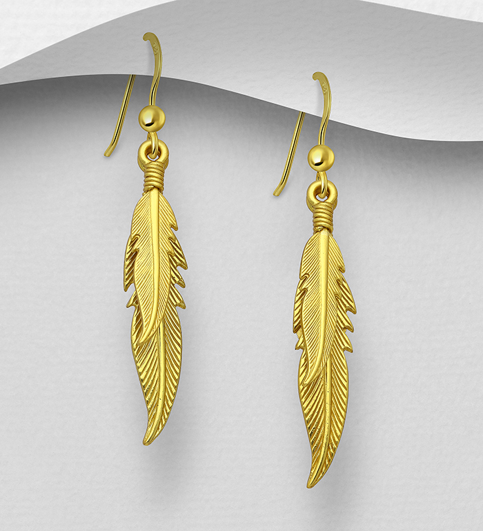 Wholesale 925 Sterling Silver Feather Hook Earrings, Plated with 1 Micron 14K or 18K Yellow Gold - SKU #1535-318