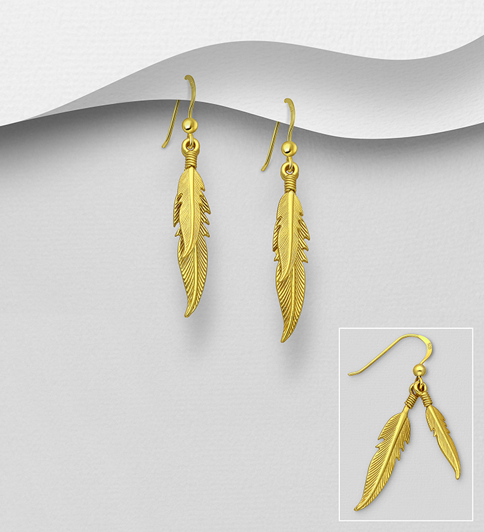 Wholesale 925 Sterling Silver Feather Hook Earrings, Plated with 1 Micron 14K or 18K Yellow Gold - SKU #1535-318