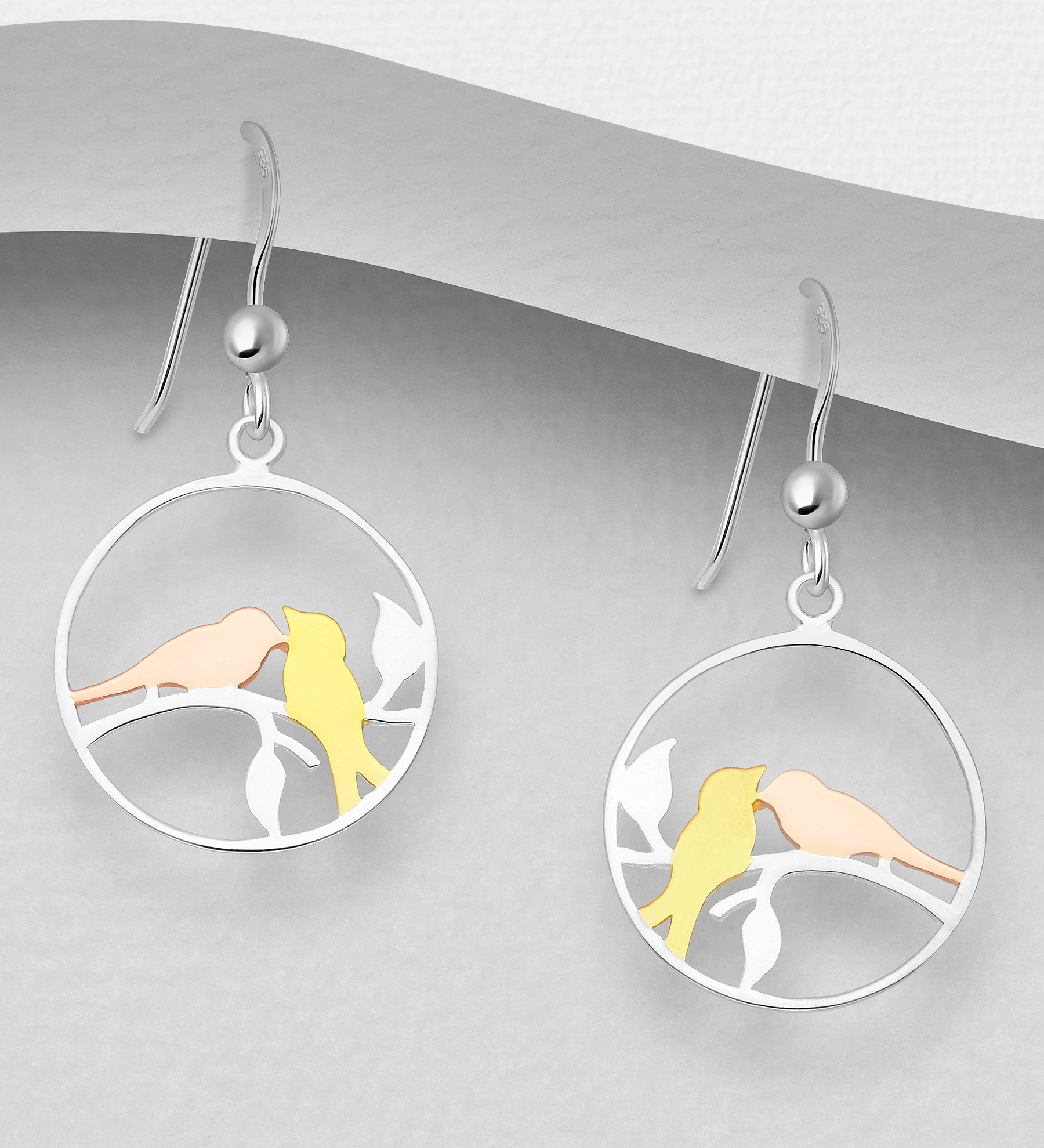 Wholesale 925 Sterling Silver Bird Hook Earrings, Birds Plated with 1 Micron 18K Yellow Gold or Pink Gold - SKU #1535-326