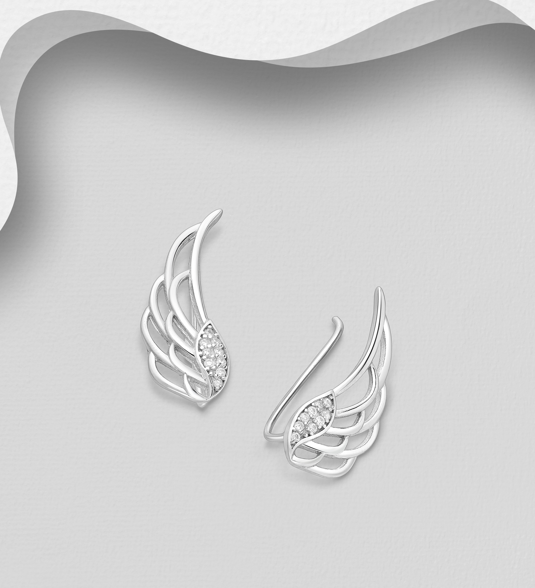 Wholesale 925 Sterling Silver Wings Ear Pins Decorated with CZ Simulated Diamonds - SKU #701-14597