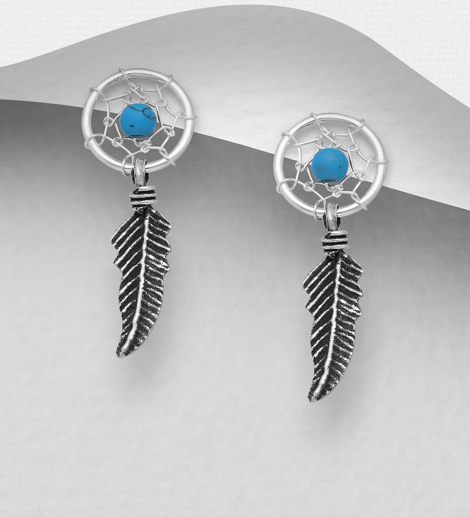 Wholesale 925 Sterling Silver Oxidized Dream Catcher Push-Back Earrings, Decorated with Reconstructed Turquoise - SKU #781-4419