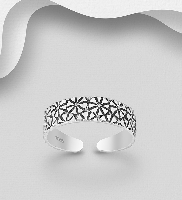 Wholesale 925 Sterling Silver Adjustable Oxidized Flower Toe Ring - SKU #792-520