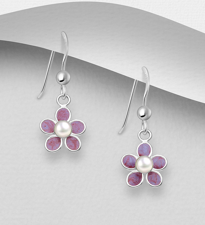 Wholesale 925 Sterling Silver Flower Push-Back Earrings, Decorated with Simulated Pearl and Colored Enamel - SKU #964-684