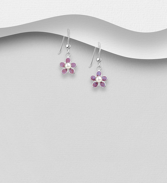 Wholesale 925 Sterling Silver Flower Push-Back Earrings, Decorated with Simulated Pearl and Colored Enamel - SKU #964-684