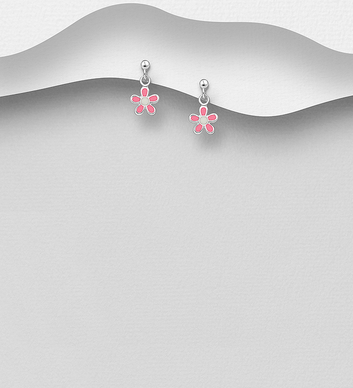 Wholesale 925 Sterling Silver Flower Push-Back Earrings Decorated With Colored Enamel - SKU #1068-1146