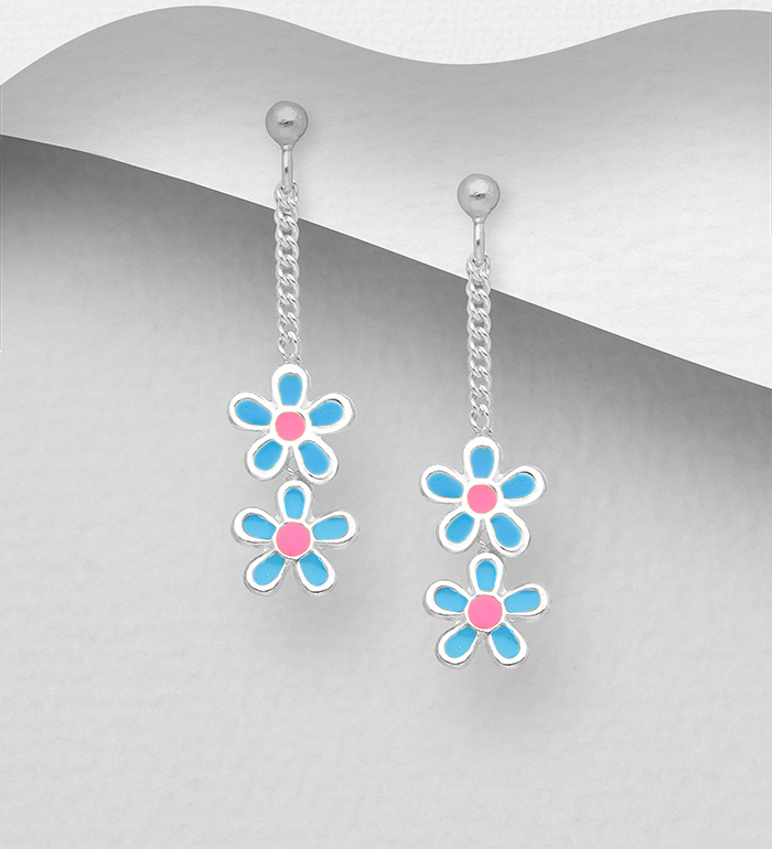 Wholesale 925 Sterling Silver Flower Push-Back Earrings Decorated With Colored Enamel - SKU #1068-1147