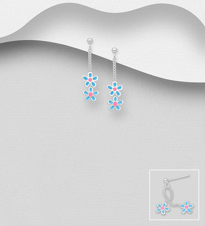 Wholesale 925 Sterling Silver Flower Push-Back Earrings Decorated With Colored Enamel - SKU #1068-1147
