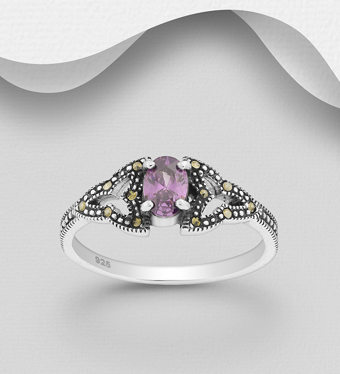 Wholesale 925 Sterling Silver Ring Decorated with CZ Simulated Diamonds and Marcasite - SKU #565-5520