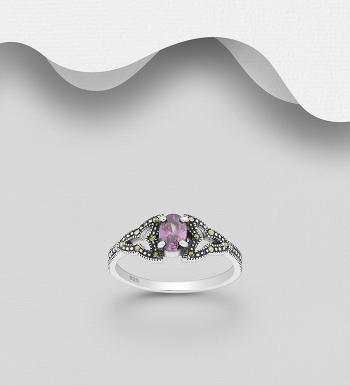 Wholesale 925 Sterling Silver Ring Decorated with CZ Simulated Diamonds and Marcasite - SKU #565-5520