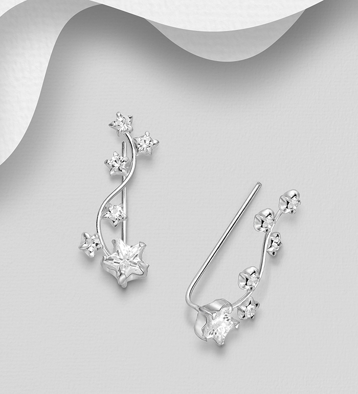 Wholesale 925 Sterling Silver Star Ear Pins, Decorated with CZ Simulated Diamond and Crystal Glass - SKU #578-2202