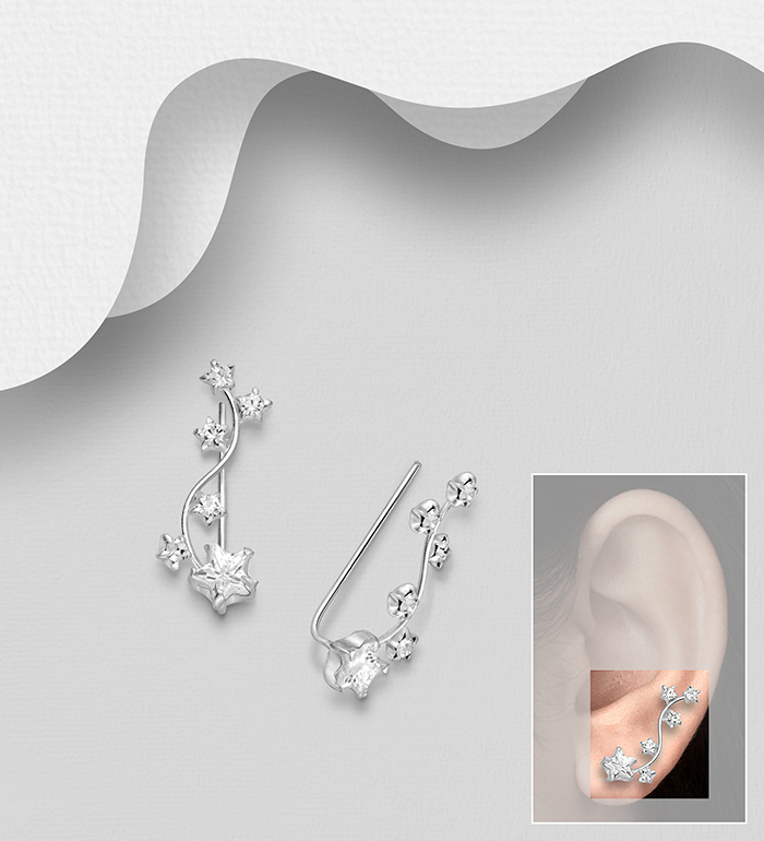 Wholesale 925 Sterling Silver Star Ear Pins, Decorated with CZ Simulated Diamond and Crystal Glass - SKU #578-2202