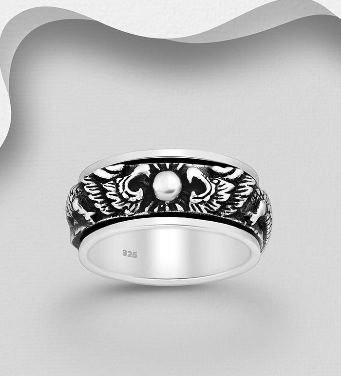 Wholesale 925 Sterling Silver Oxidized Dragon Spin Band Ring, 9 mm Wide - SKU #706-19766