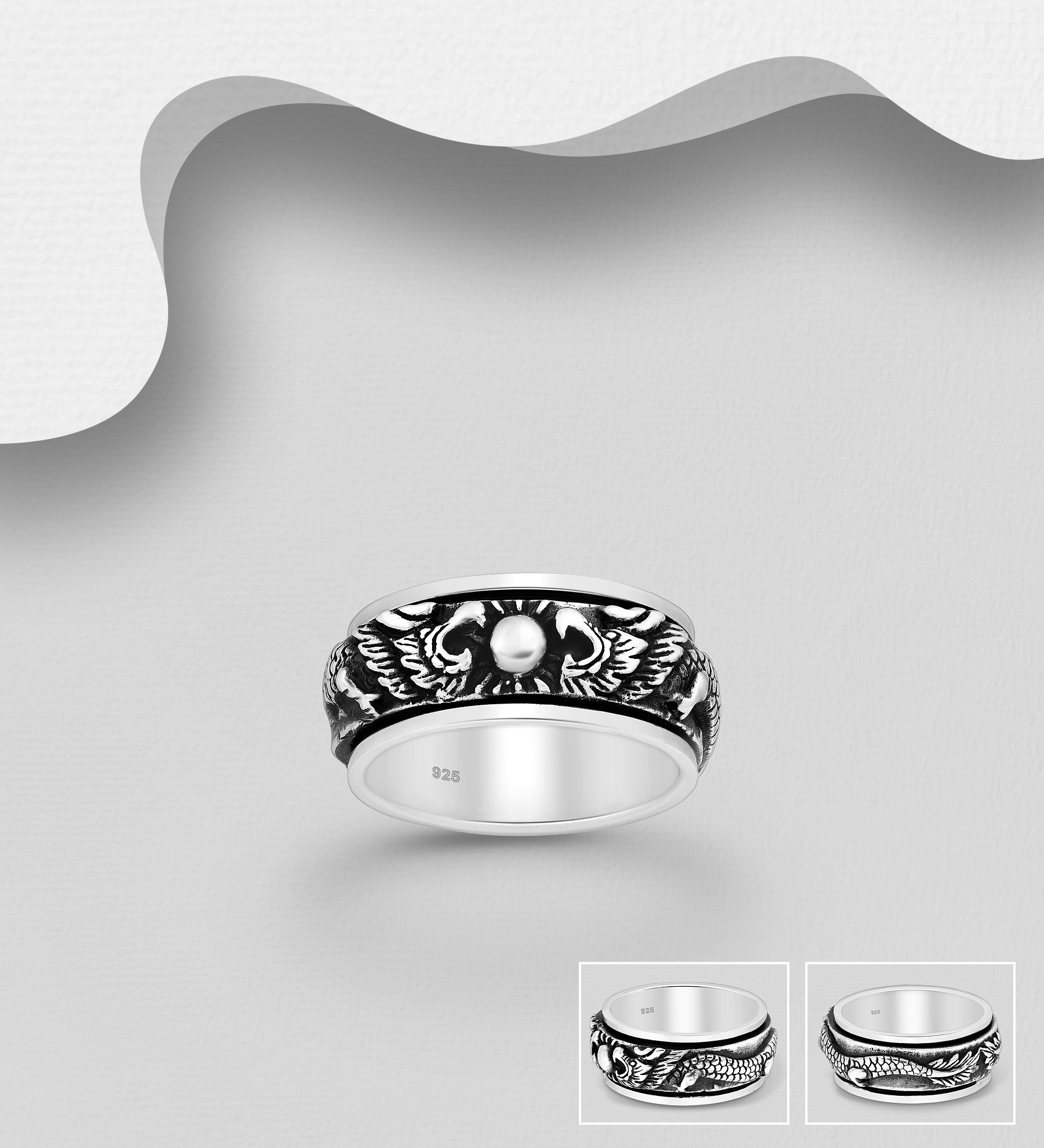 Wholesale 925 Sterling Silver Oxidized Dragon Spin Band Ring, 9 mm Wide - SKU #706-19766