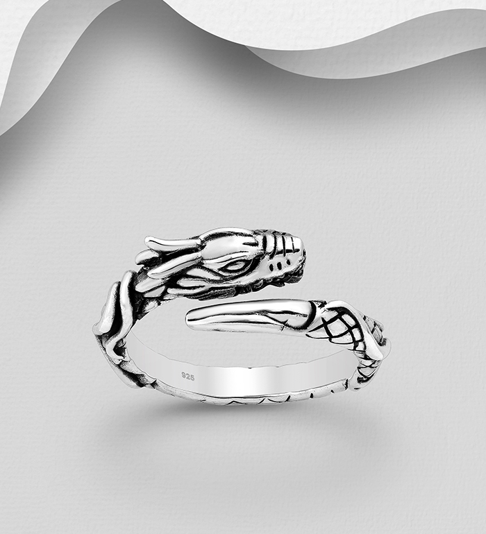 Wholesale 925 Sterling Silver Adjustable Oxidized Dragon Ring - SKU #706-19858