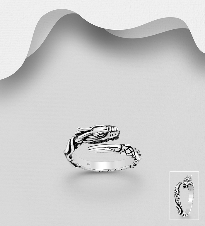 Wholesale 925 Sterling Silver Adjustable Oxidized Dragon Ring - SKU #706-19858