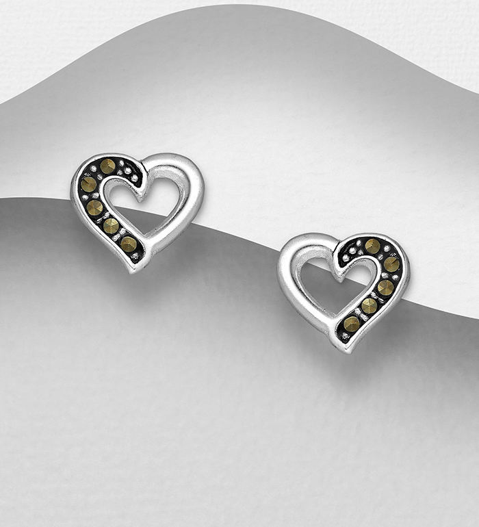 Wholesale 925 Sterling Silver Heart Push-Back Earrings Decorated With Marcasite - SKU #565-5739