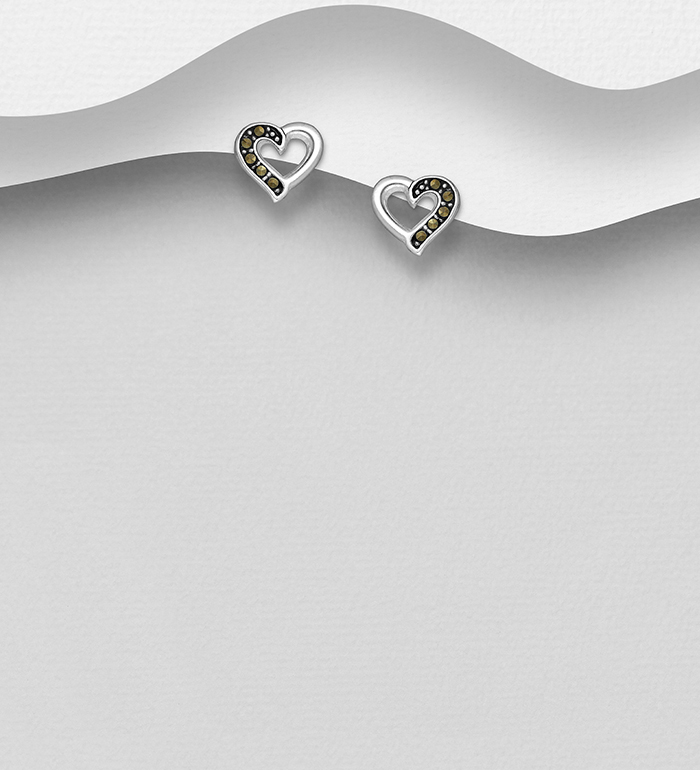 Wholesale 925 Sterling Silver Heart Push-Back Earrings Decorated With Marcasite - SKU #565-5739