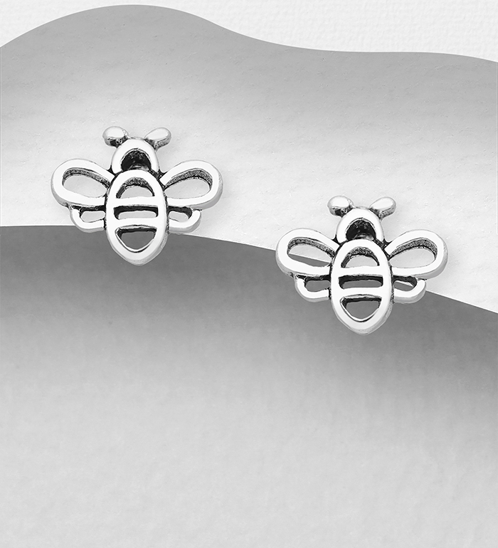 Wholesale 925 Sterling Silver oxidized Bee Push-Back Earrings - SKU #1068-1206